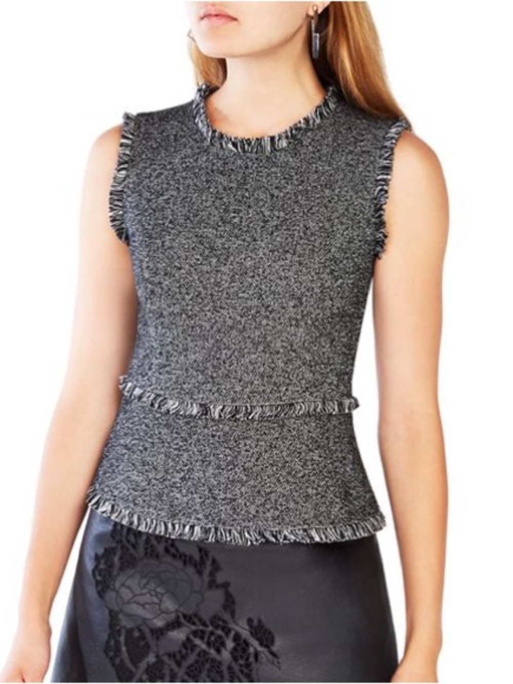 BCBG Max Azria Sleeveless Fringe Trim Knit Top in Gray